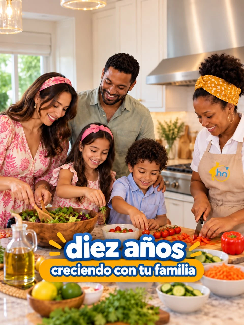 Familia dominicana cocinando junto a una colaboradora de Happy Nannys
